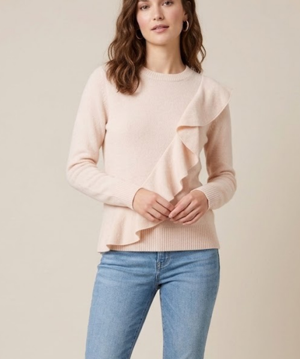 J.Crew Sweater XS BlushPink 100%Merino Wool Asymmetric Ruffle Pullover Fine Knit